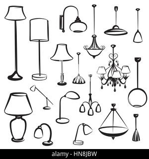 Lamp furniture silhouettes set. Ceiling light design collection. Stock Vector