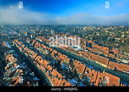 View of the rooftops of the Old Town (Altstadt) of Bern from the bell tower of the Münster (Cathedral). Switzerland. Stock Photo