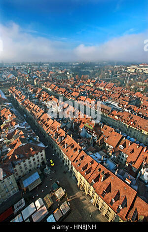 View of the rooftops of the Old Town (Altstadt) of Bern from the bell tower of the Münster (Cathedral). Switzerland. Stock Photo