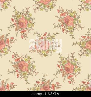 Floral seamless pattern. Flower bouquet background. Vintage flourish border for spring card design. Stock Vector