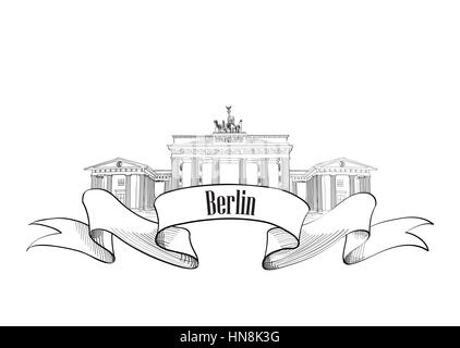 Berlin label. Travel Germany symbol. Famous german architectural landmark Brandenburg gates. Stock Vector