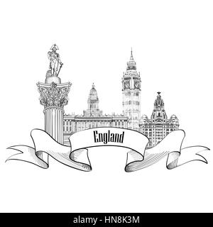 England label. Famous english architectural landmarks symbol. Visit UK. Travel Europe  banner. Stock Vector