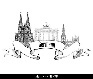 Germany label. Travel Germany symbol. Famous german architectural landmarks. Stock Vector