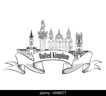 United Kingdom of Great Britain label. Famous english architectural landmarks. England symbol. Visit UK. Travel Europe banner. Stock Vector