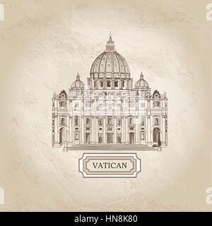 Vatican old paper textured architectural background. St. Peter's Cathedral, Rome, Italy. Stock Vector