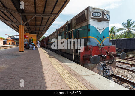 Galle, Sri Lanka, March 21 2016: railway station in Galle, train is a gift from Canada - Colombo plan aid. Stock Photo