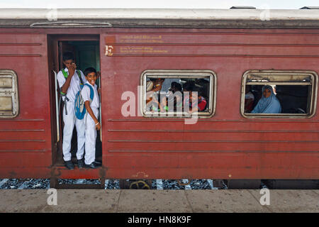 Galle, Sri Lanka, March 21 2016: railway station in Galle, train is a gift from Canada - Colombo plan aid. Stock Photo