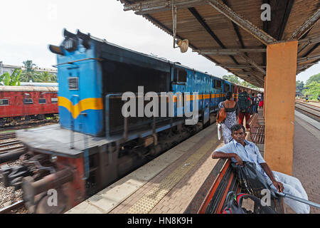 Galle, Sri Lanka, March 21 2016: railway station in Galle, train is a gift from Canada - Colombo plan aid Stock Photo