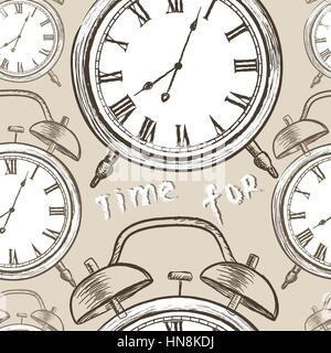 Clock seamless pattern. Time for wake up. Vintage watches background. Stock Vector