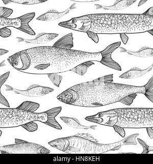 Fish seamless background. Sketch underwater marine pattern. Stock Vector