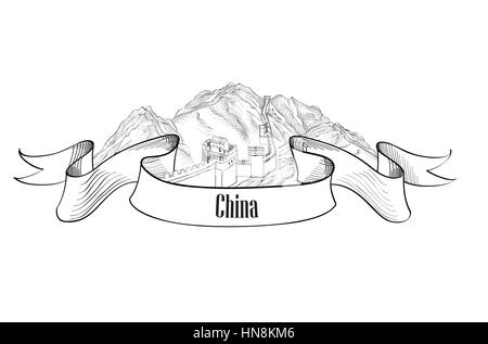 China label. Travel Asia label. The Great Wall of China symbol sketch isolated. Stock Vector