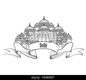 Delhi travel label.  Indian Landmark symbol. Akshardham, Delhi, India. Stock Vector