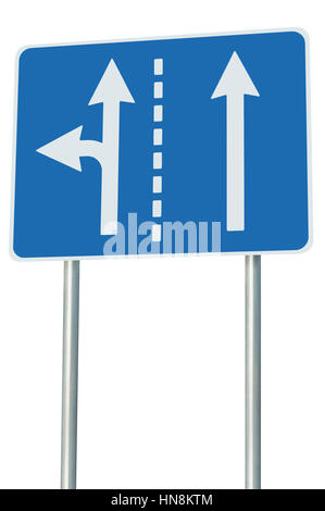 Appropriate traffic lanes at crossroads junction, left turn exit ahead, isolated blue road sign, white arrows, EU european roadside signage, abstract  Stock Photo