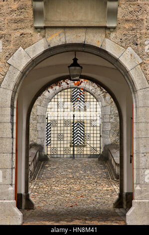 The entrance of Oberhofen castle, lake Thun, Bernese Oberland Switzerland. Stock Photo