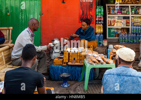 Ethiopian People Drinking Coffee At An Outdoor Cafe (Coffee Ceremony), Lake Ziway, Ziway, Ethiopia Stock Photo