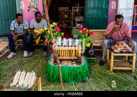 Ethiopian People Drinking Coffee At An Outdoor Cafe (Coffee Ceremony), Lake Ziway, Ziway, Ethiopia Stock Photo