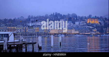 Foggy night falling in Lucerne, Switzerland. Stock Photo