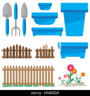 Garden tools and wooden fence on white background. Stock Vector