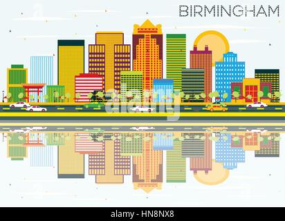 Birmingham Skyline with Color Buildings, Blue Sky and Reflections. Vector Illustration. Business Travel and Tourism Concept. Stock Vector