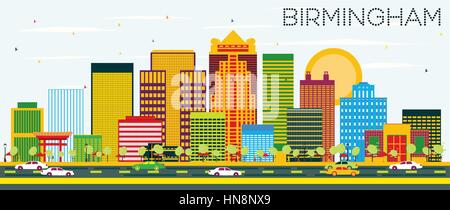 Birmingham Skyline with Color Buildings and Blue Sky. Vector Illustration. Business Travel and Tourism Concept. Stock Vector