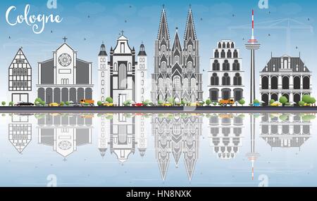 Cologne Skyline with Gray Buildings, Blue Sky and Reflections. Vector Illustration. Business Travel and Tourism Concept with Historic Architecture. Stock Vector