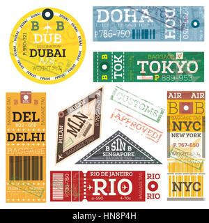 Retro Baggage Tags. Vector Illustration. Luggage Label from Dubai, Doha, Tokyo, Delhi, Milan, Singapore, New York and Rio de Janeiro. Stock Vector