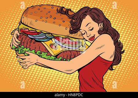 Beautiful young woman hugging Burger. Pop art retro vector vintage illustration. Fast food restaurant, diet and hunger Stock Vector