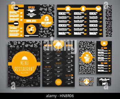 Set A4 menu, folding brochures and flyers narrow for a restaurant or cafe. Templates of black and orange colors, with drawings by hand and round eleme Stock Vector