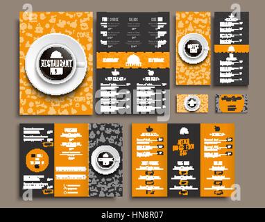 Templates business cards, A4 menu, folding brochures and flyers narrow for a restaurant or cafe. The design of black and orange colors, with drawings  Stock Vector