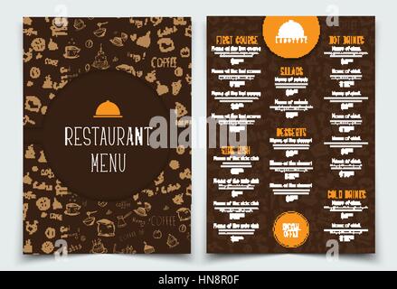 Design A4 menu for restaurant or cafe. brown and orange Template with drawings of hands and logo. Set. Vector illustration. Stock Vector