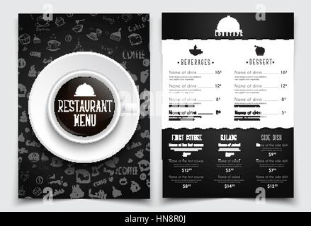 Template A4 menu for restaurant or cafe. black design with drawings by hand and a cup of coffee the top view. Set. Vector illustration. Stock Vector