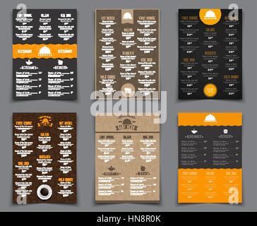 Set A4 menu for restaurants and cafes. Templates flyers black, brown, orange drawings by hand and logos. Vector illustration Stock Vector