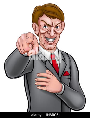 Evil looking businessman in a suit and tie pointing his finger in a needs you gesture Stock Photo