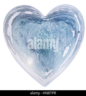 Blue Ice heart with bubbles and cracks isolate. Stock Photo