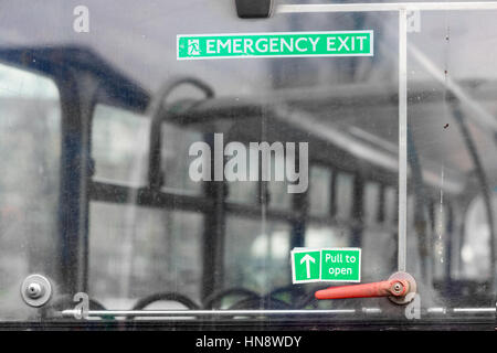 Emergency exit on a double decker bus, Cambridge, England. Stock Photo