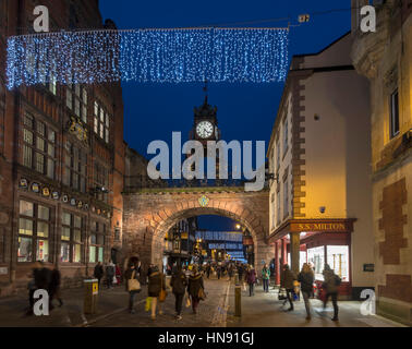 Chester city centre Eastgate bridge christmas lights. decorations. Stock Photo