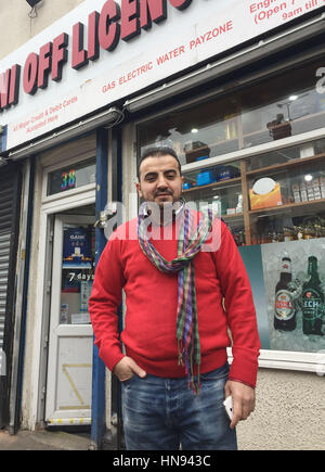 Former Kurdish special forces peshmerga Shikha Mahsum, outside the Kobani off-licence in Walsall, West Midlands, where he fought off a gunman with a cannister of animal repellent. Stock Photo