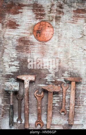 The set of construction tools on wooden background Stock Photo