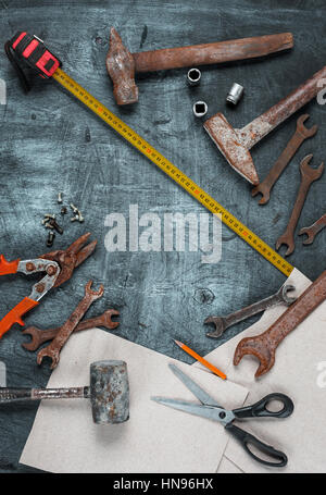 The set of construction tools on wooden background Stock Photo