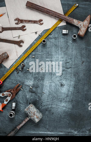 The set of construction tools on wooden background Stock Photo
