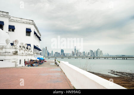 View of the Casco Viejo district with the Panama city skyline on the background, Panama, Central America Stock Photo