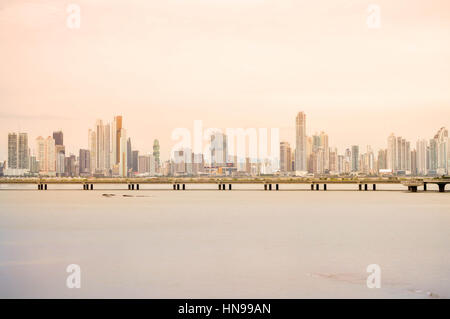 Panama City, Panama - August 26, 2015: Panama city skyline is seen at sunset on August 26, 2015 in Panama, Central America. Panoramic view Stock Photo