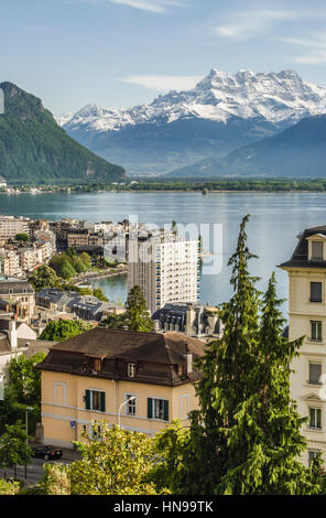 City center and Lake Geneva of Montreux, Vaud, Switzerland Stock Photo