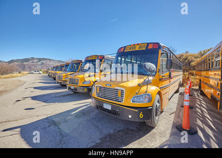 Aspen, USA - November 20, 2016: School buses parked on the outskirts of the city. Stock Photo