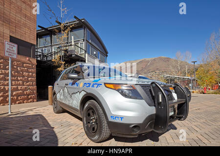 Aspen, USA - November 20, 2016: SUV police car parked in front of the police station. Stock Photo