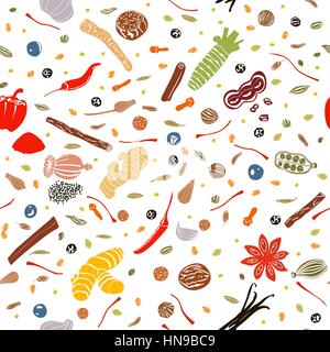 Cooking spices flat style seamless pattern vector set. Popular culinary seasonings. Design for cosmetics, market, health care products, aromatherapy,  Stock Vector