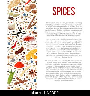 Popular culinary spices set in column with description. Benefits of cooking spices in informative poster with text. Design for cosmetics, store, marke Stock Vector