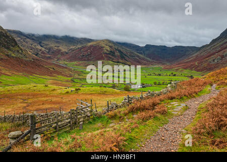 The head of the Great Langdale valley from the foot of Side Pike in the Lake District National Park, Cumbria, England. Stock Photo