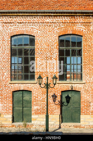 Wall of red bricks of an old, abandoned silk factory, in Soufli, Evros region, Thrace, Greece. Stock Photo