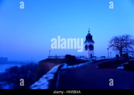 Watch tower during winter dusk in Petrovaradin Fortress, Novi Sad, Serbia Stock Photo